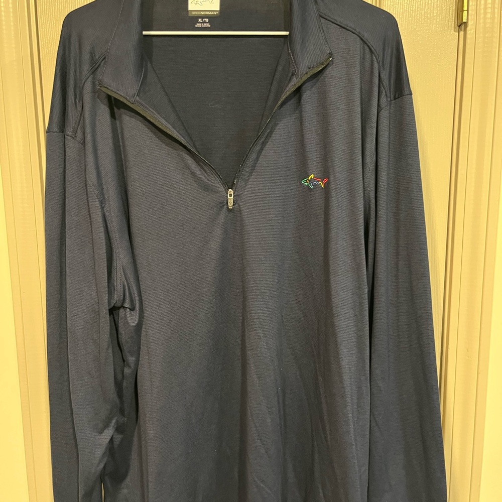 Greg Norman Collection Navy Pullover with Multicolor Shark Logo